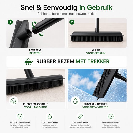 BOTC Rubberen Bezem - 2-in-1 Vloerborstel en schraper - Telescopisch tot 120 cm - Breedte 32 cm - Kappersbezem - Zwart van BOTC — afbeelding 4