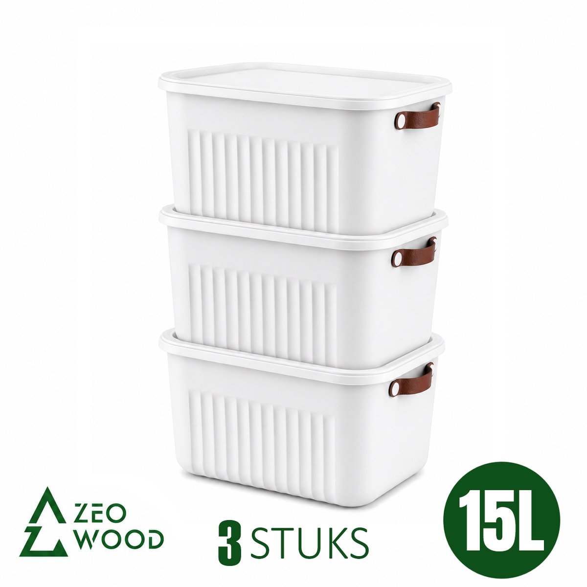 Zeo Wood® - Opbergbox met Deksel - Opbergdozen met Deksel - Opbergmand met Deksel - Set van 3 - 15L - Wit