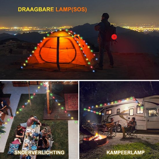 LYNEXA® Camping Lamp - Zaklamp - Lichtsnoer Buiten - Kampeerlamp Oplaadbaar - RGB Lichtslinger met Afstandsbediening - SOS Verlichting - 4in1 - Powerbank USB & Zonne-Energie - 7.5M - 8 Lichtstanden van Merkloos — afbeelding 4