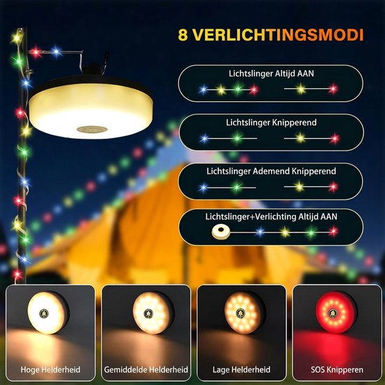 LYNEXA® Camping Lamp - Zaklamp - Lichtsnoer Buiten - Kampeerlamp Oplaadbaar - RGB Lichtslinger met Afstandsbediening - SOS Verlichting - 4in1 - Powerbank USB & Zonne-Energie - 7.5M - 8 Lichtstanden van Merkloos — afbeelding 3