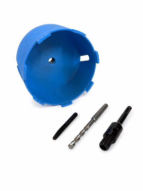 Blauwe diamant kernboor met boor, adapter en punt.