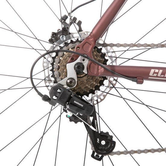 Close-up van de Shimano derailleur en cassette van een bordeauxrode Hiland fiets.