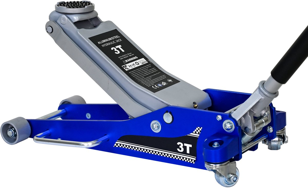 Re-purelife® hydraulische garagekrik 3 ton voor auto en SUV - trolleykrik van aluminium en staal - vloerkrik met extra zadel en 360° zwenkwielen - blauw zilver - 67 × 32 × 15,2 cm