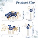 Afmetingen van blauwe haaraccessoires met bloemen, parels en strass: grote kam 17x6cm, kleine kam 11x5cm, spelden 10.5x3cm.