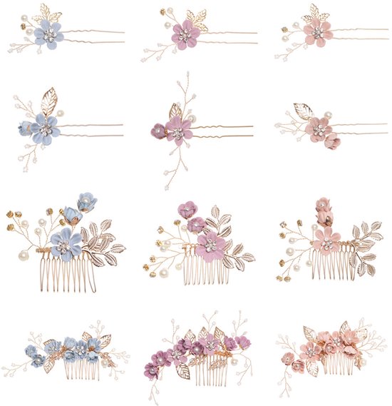 Collage van elf haaraccessoires met bloemen in blauw, roze en paars, met parels en gouden bladeren.