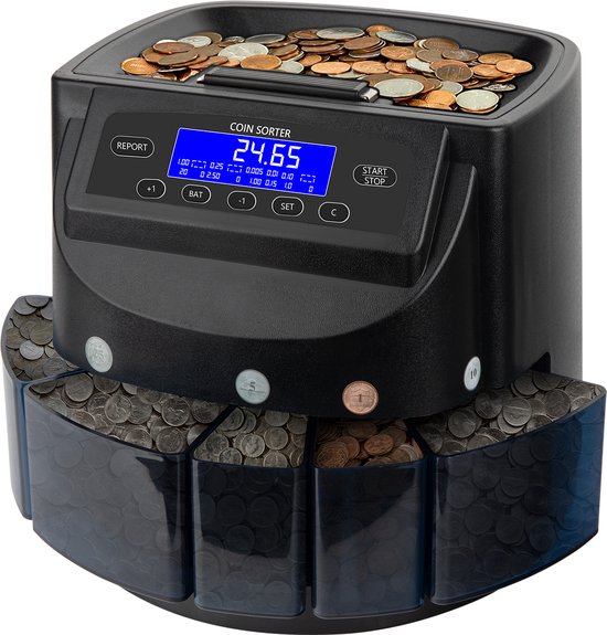 Zwarte muntensorteerder met een bak vol munten en een display met het bedrag 24.65, geplaatst op een witte achtergrond.