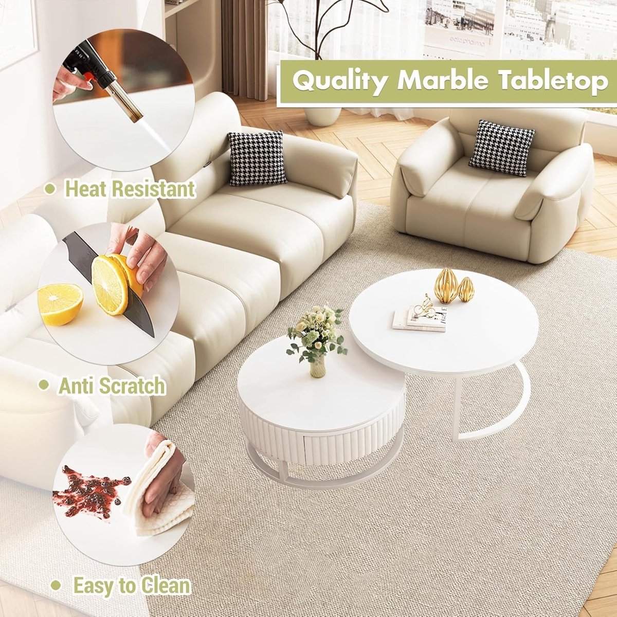 Ronde salontafel set van 2 marmerlook wit 50 + 70 cm met opbergruimte en lade - Moderne nestbare koffietafels met houten lade en metalen frame - Luxe woonkamertafel set - House&Garden Marble Nest Design Tafels