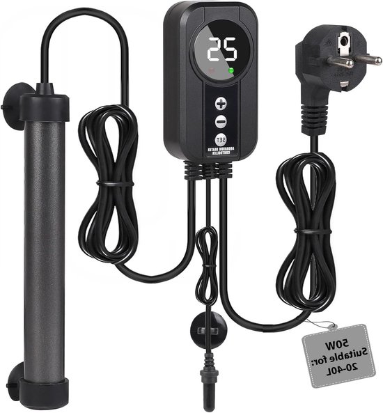 Titanium Aquarium Heater 50 W met LED Display, Temperatuur Sensor en Verstelbare Temperatuur voor Aquariums van 20 tot 40 L