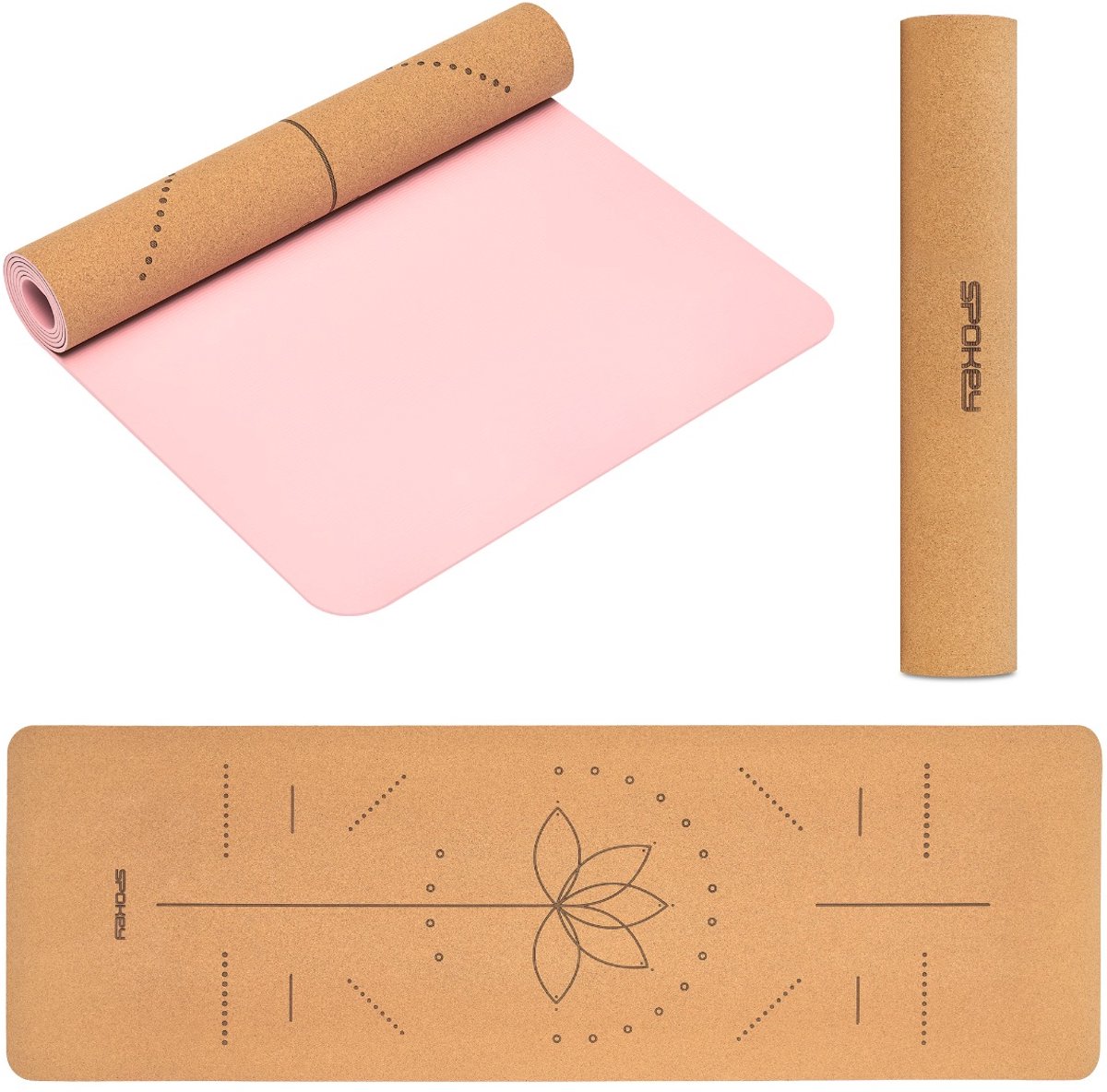 Spokey SAVASANA Yogamat - Roze / Beige - 183 x 61 x 0,4 cm - Kurk en TPE - Antibacterieel - Lichtgewicht - Met draagriem
