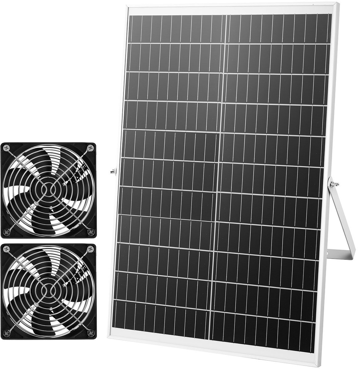 Zonneventilator/afzuigventilator op zonne-energie - Dubbele ventilatorset 30W 12V - Luchtstroom 680 m³/h - Inclusief Zonnepaneel - Voor Kippenhok & Kas - Luchtsnelheid 5 m/s