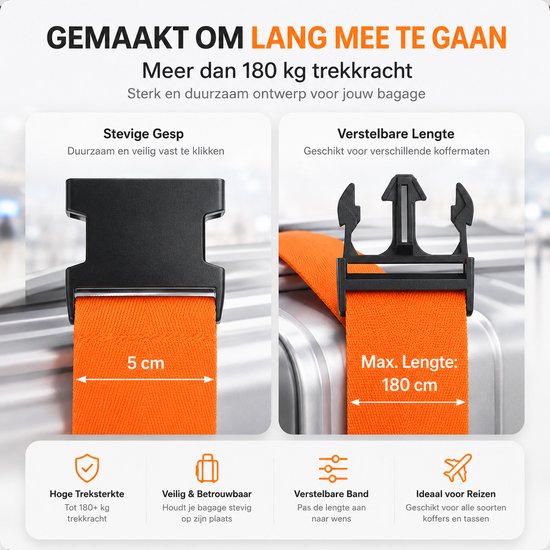 Details van een oranje kofferband met stevige gesp en verstelbare lengte tot 180 cm.