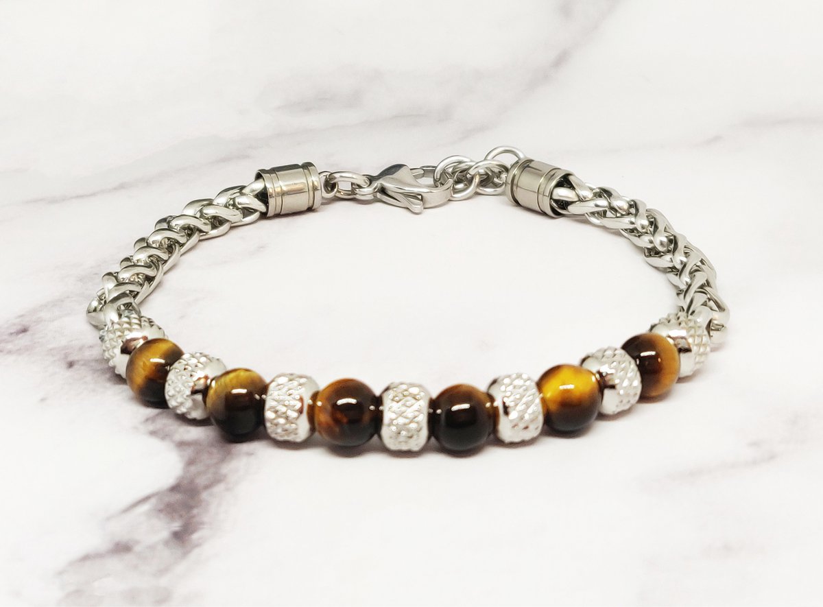 Mei's Everest Tiger Stones - Schakelarmband - 316L RVS & Tijgeroog - Zilver/Bruin - polsmaat 17,5 t/m 19,5 cm