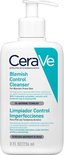 CeraVe Blemish Control Cleanser reinigingsgel met pompdispenser. Witte fles met turquoise en zwarte opdruk.