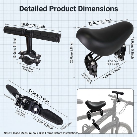 Voorzitje fiets - Kinderzitje fiets - TENZHVXI® - Veilig Aluminium Frame Met Lederen Zadel - Inklapbare Pedalen En Stuur - Geschikt Voor Kinderen Tot 55 Kg - Compatibel Met Alle MTB Met Rechte Buis — afbeelding 2