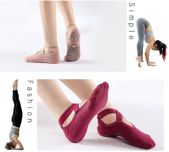 Jhubersproducts - Antislip Yogasokken - Sportsokken met Elastische Kruisbanden - Wijnrood+Roze - Ideaal voor Yoga en Pilates - Comfortabel en Ademend van Jhubersproducts — afbeelding 5