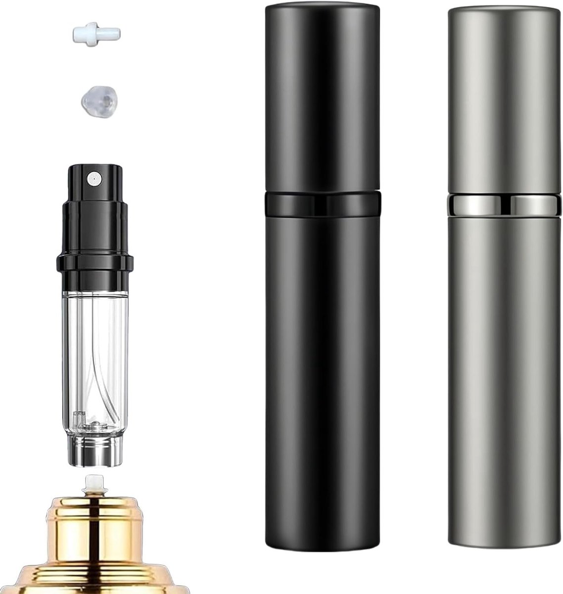SnelShoppen - 2 Pack Refillable Perfume Atomiser Spray Flesjes 5ml - Zwart en Grijs - Perfect voor Reizen, Wandelen en Uitgaan - Compacte Parfum Verst
