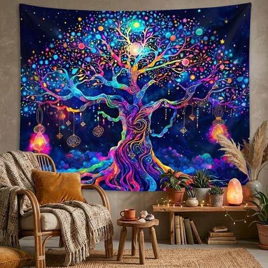 Tapisseries arbre multicolore noir unisex design arbre de vie fluorescent 95x73 cm impression 2D colorée décoration murale effet nuit