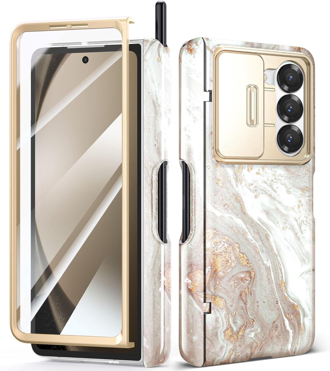 Beschermende Hoes voor Samsung Galaxy Z Fold 6 met S Pen Houder, Camera Cover en Schermbeschermer, Volledige Beveiliging en Antikras Marble Design