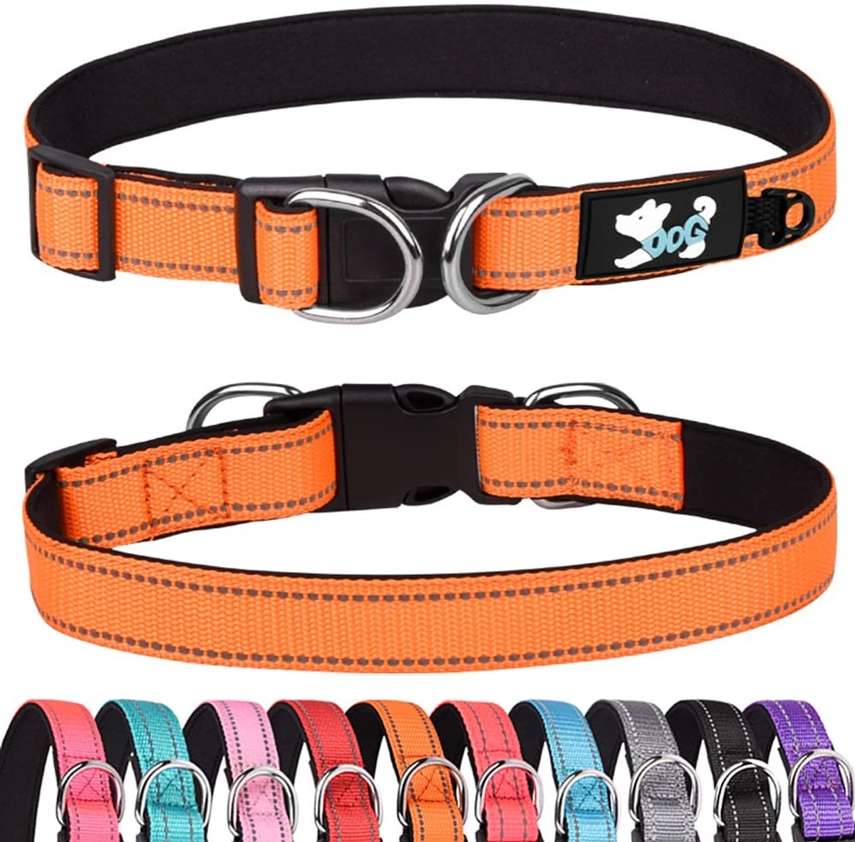 Zeynomax - Gewatteerde halsband - Reflecterende halsbanden - Comfortabel en zacht - Oranje - Verstelbare hondenhalsband - Geschikt voor kleine en mi..