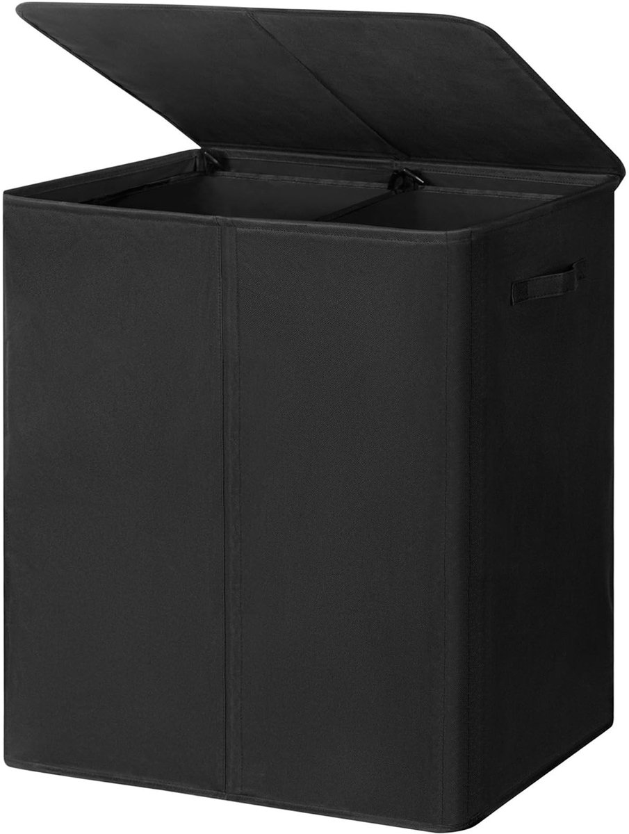 By shayne - Wasmand - 180 Liter - Dubbele wasmand met deksel - Zwart - Inclusief afneembare waszakken - Geschikt voor slaapkamer en badkamer