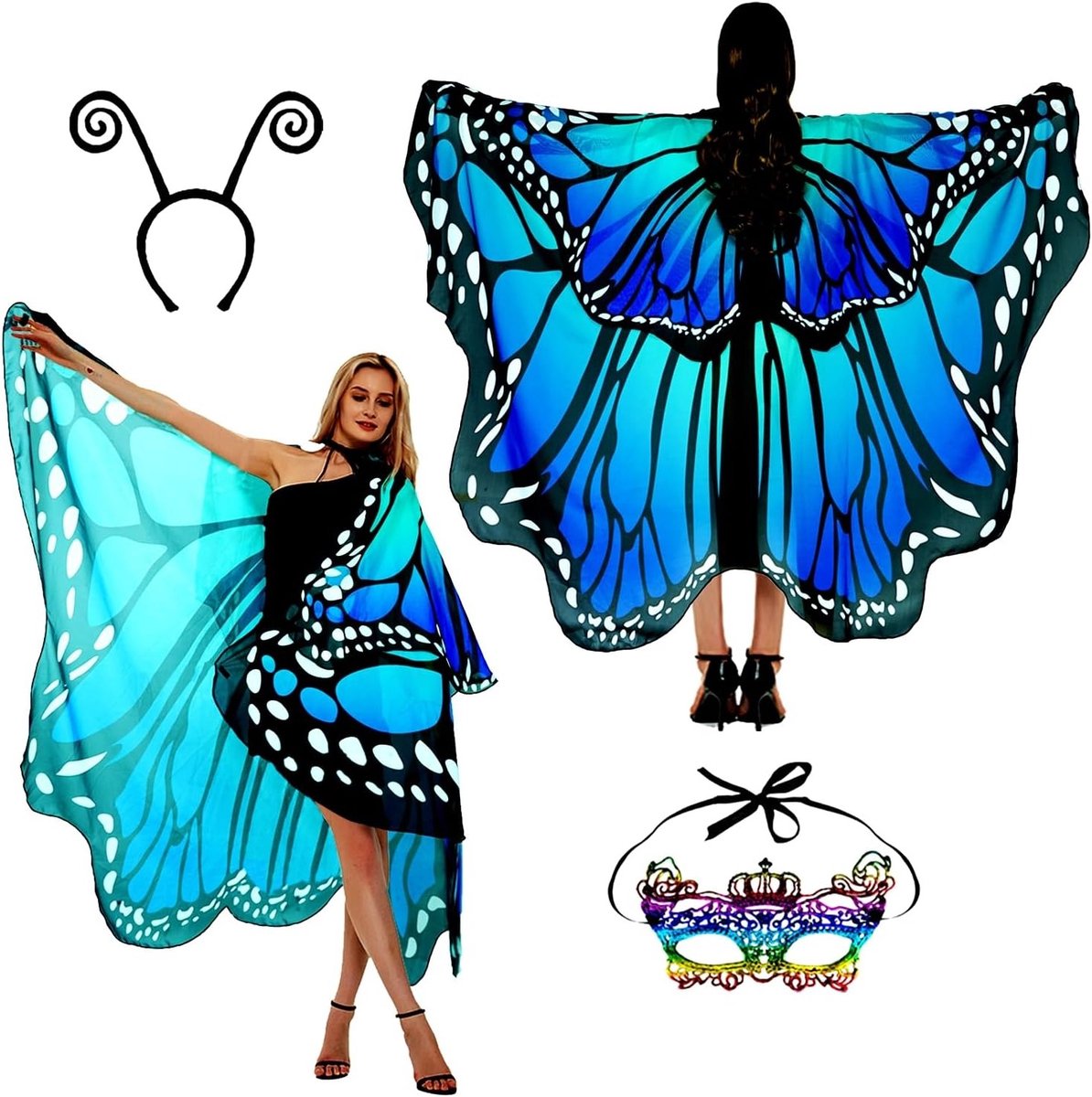 Vleermuis kostuum voor dames met vleugels, cape en accessoires voor carnaval en feesten, inclusief gezichtsmasker en hoofdband
