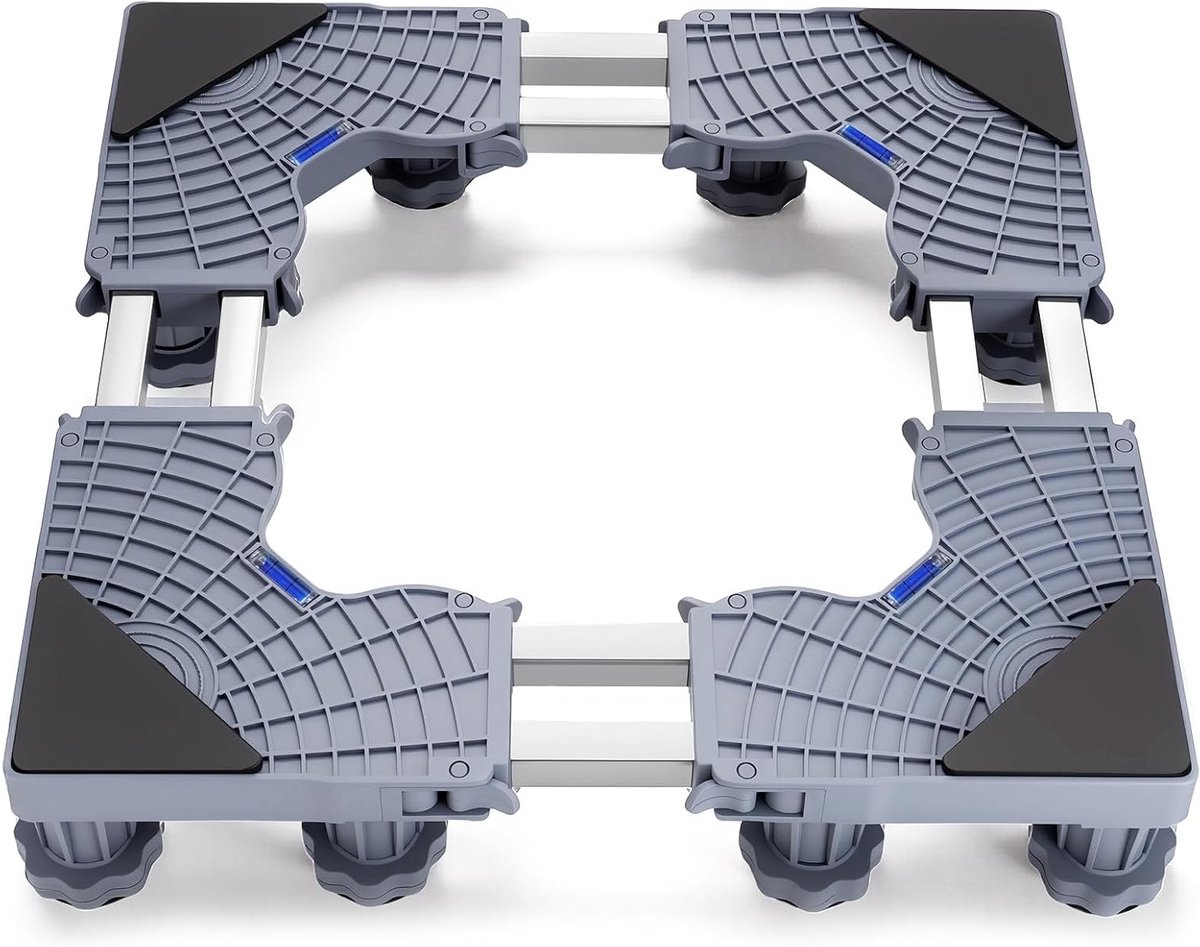Verstelbaar wasmachineonderstel met 12 poten, antislip en schokdemping, geschikt voor wasmachines, koelkasten en drogers, hoogte 45-68 cm, grijs