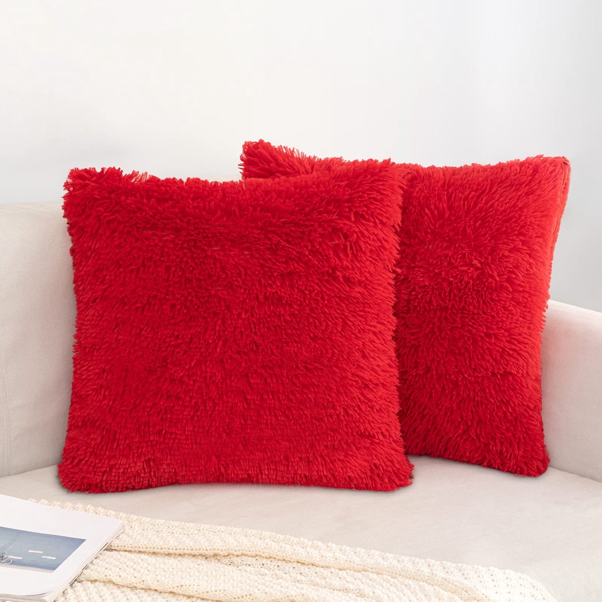 Smoakez - Kussenslopen van kunstbont - Decoratief sierkussen - Set van 2 - 40 x 40 cm - Rood - Pluizige kussenslopen - Geschikt voor woonkamer - Pl...