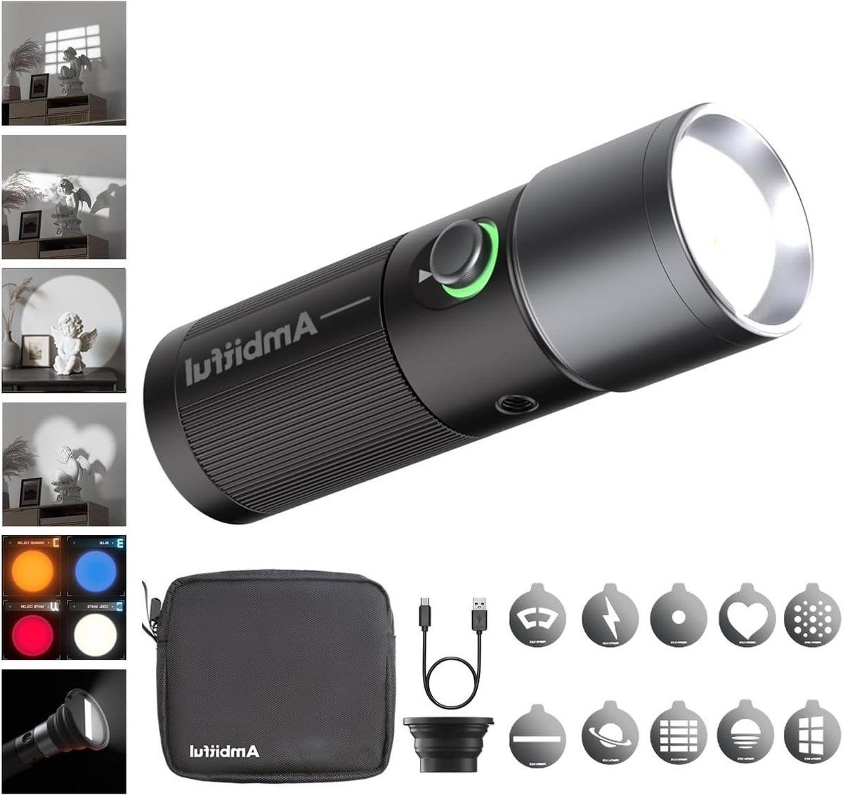 Draagbare LED Fotografie Flitser met 20 Gobos, Oplaadbare 8400mAh Spotlight voor Video en Content Creatie in 4 Kleuren