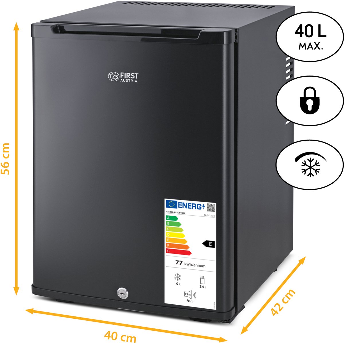TZS First Austria Mini koelkast - Minibar - 40 liter - Vrijstaand - Volledig stil 22dB - Zwart — afbeelding 3
