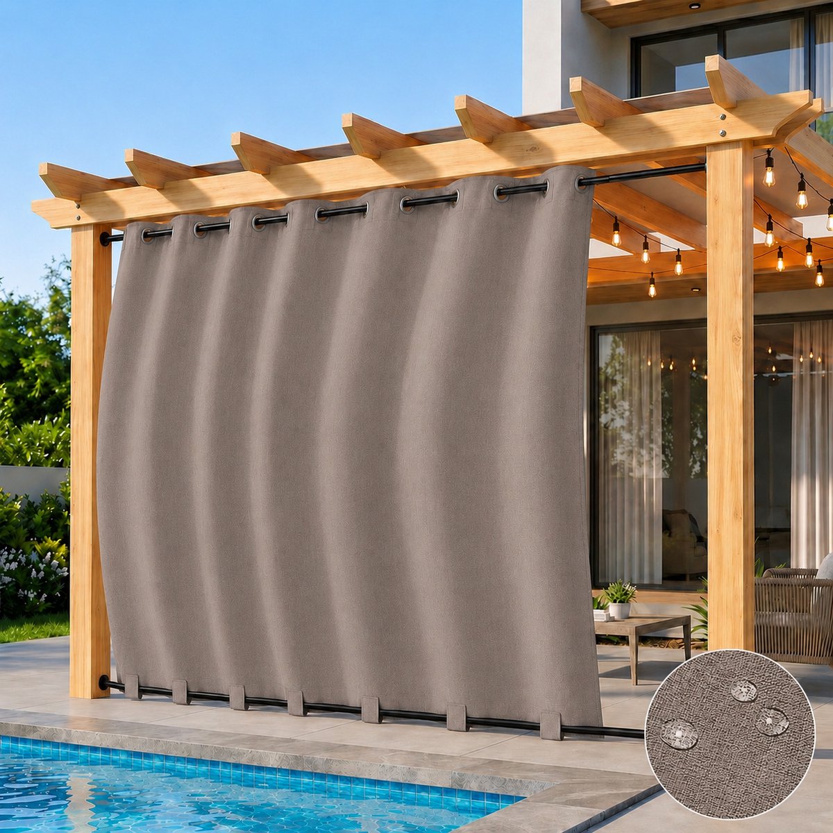 Qelus 2 Stuks Linnenlook Buitengordijnen met Ringen en Verborgen Lussen - 254x214 cm - Waterdicht Buitengordijn voor Overkapping - Verduisterend en Winddicht Outdoorgordijn - Linnen Structuur - Taupe