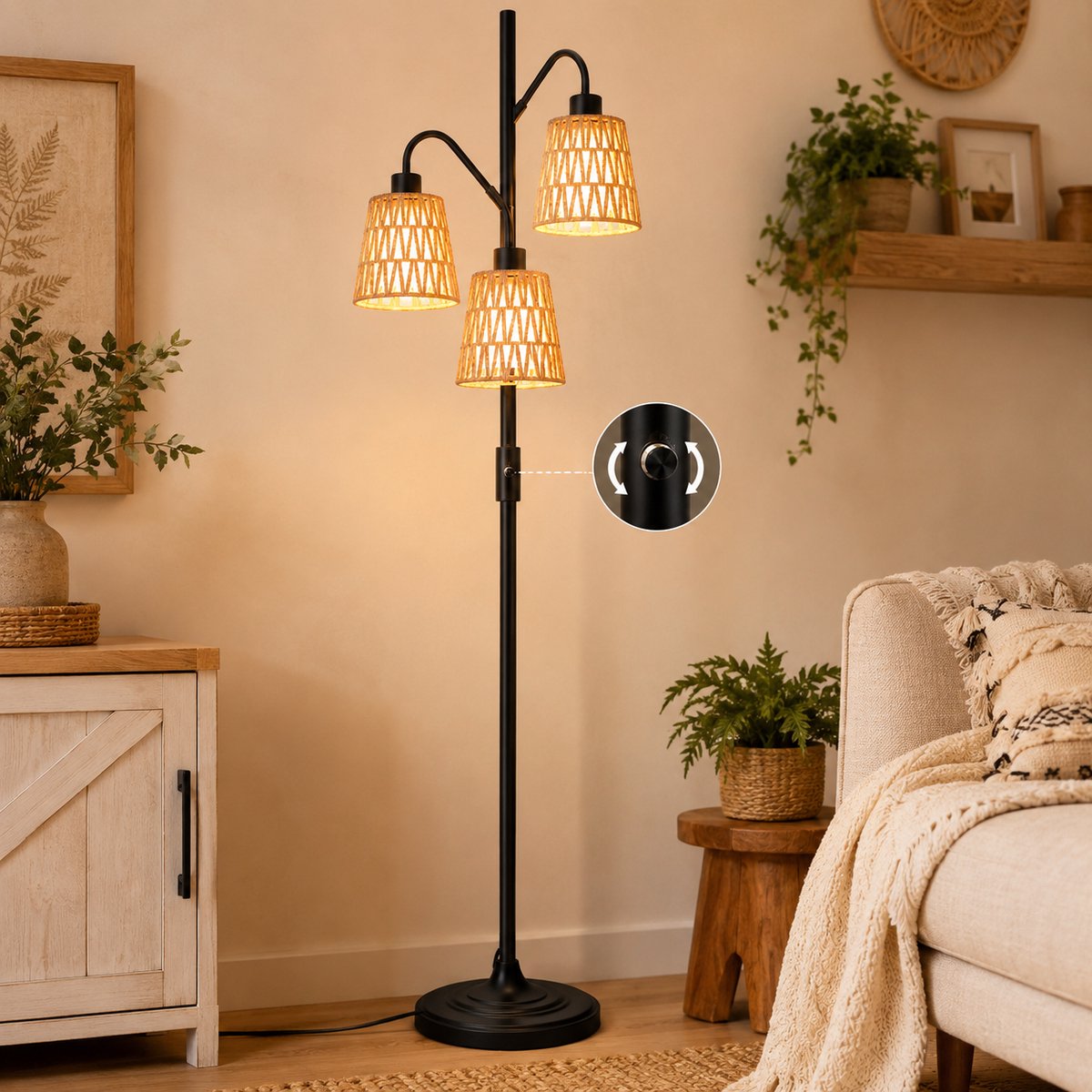 MUPOO Bohemian Rotan Vloerlamp 3-Lichts met Zwart Metaal - Landelijk Staande Lamp Energiezuinig & Dimbaar - Inclusief LED Lampen - 175cm Hoog - staande lampen voor woonkamer & Slaapkamer