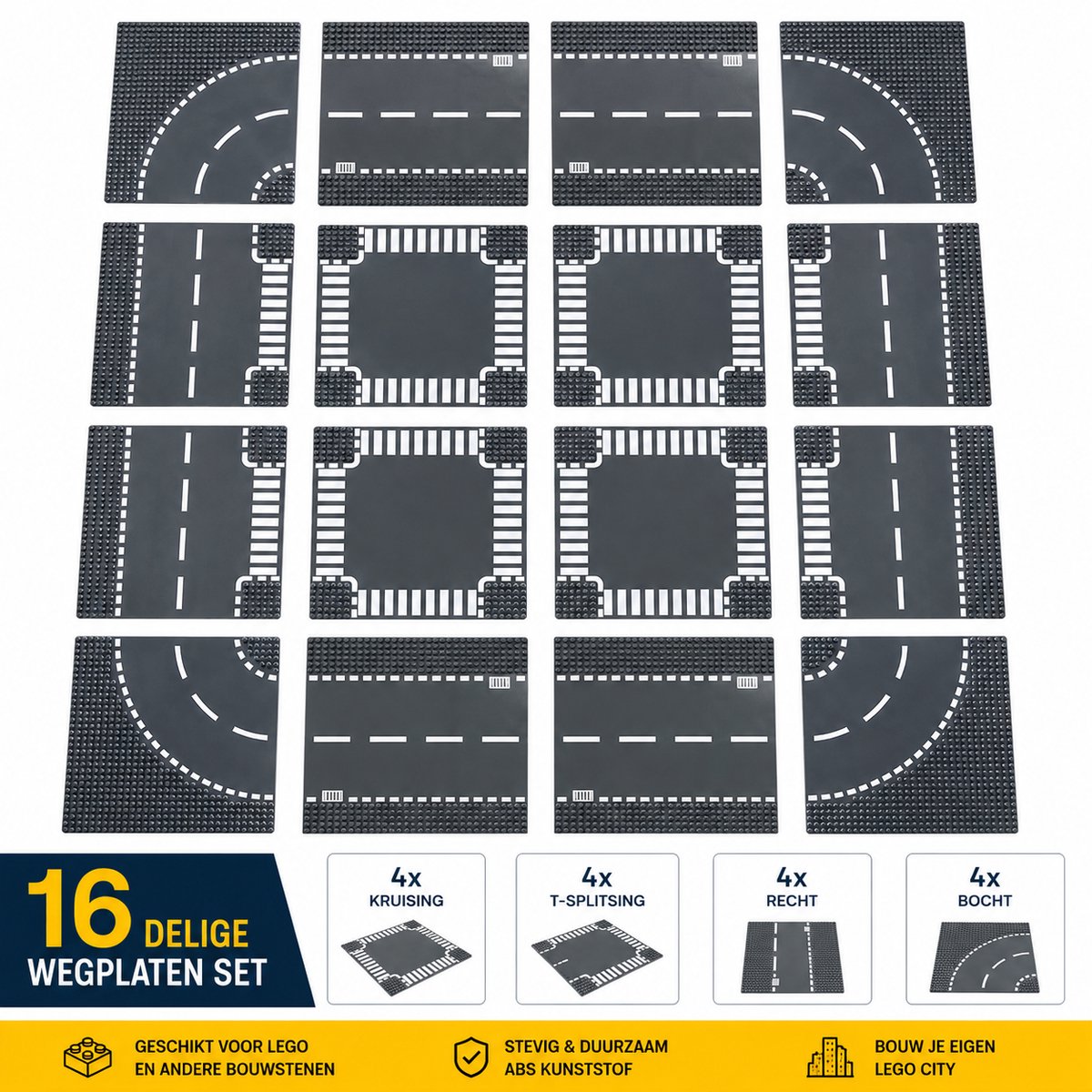 Hunta Wegplaten Set 16 Stuks Geschikt voor LEGO City – 4 Kruisingen, 4 T-Splitsingen, 4 Rechte Wegen en 4 Bochten – Bouwplaten 32x32