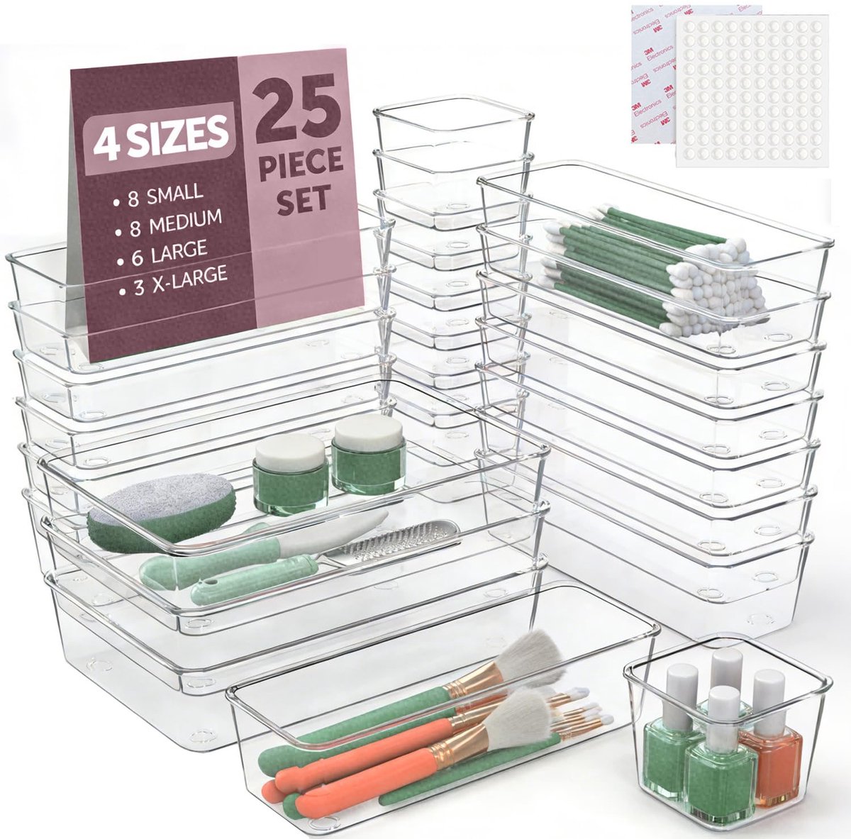 Lade Organizer Set 25-delig – Organizer Bakjes - Make-up Organizer - Transparante Opbergbakjes voor Make-up, Badkamer & Bureau – Stapelbaar Schubladen Organizer