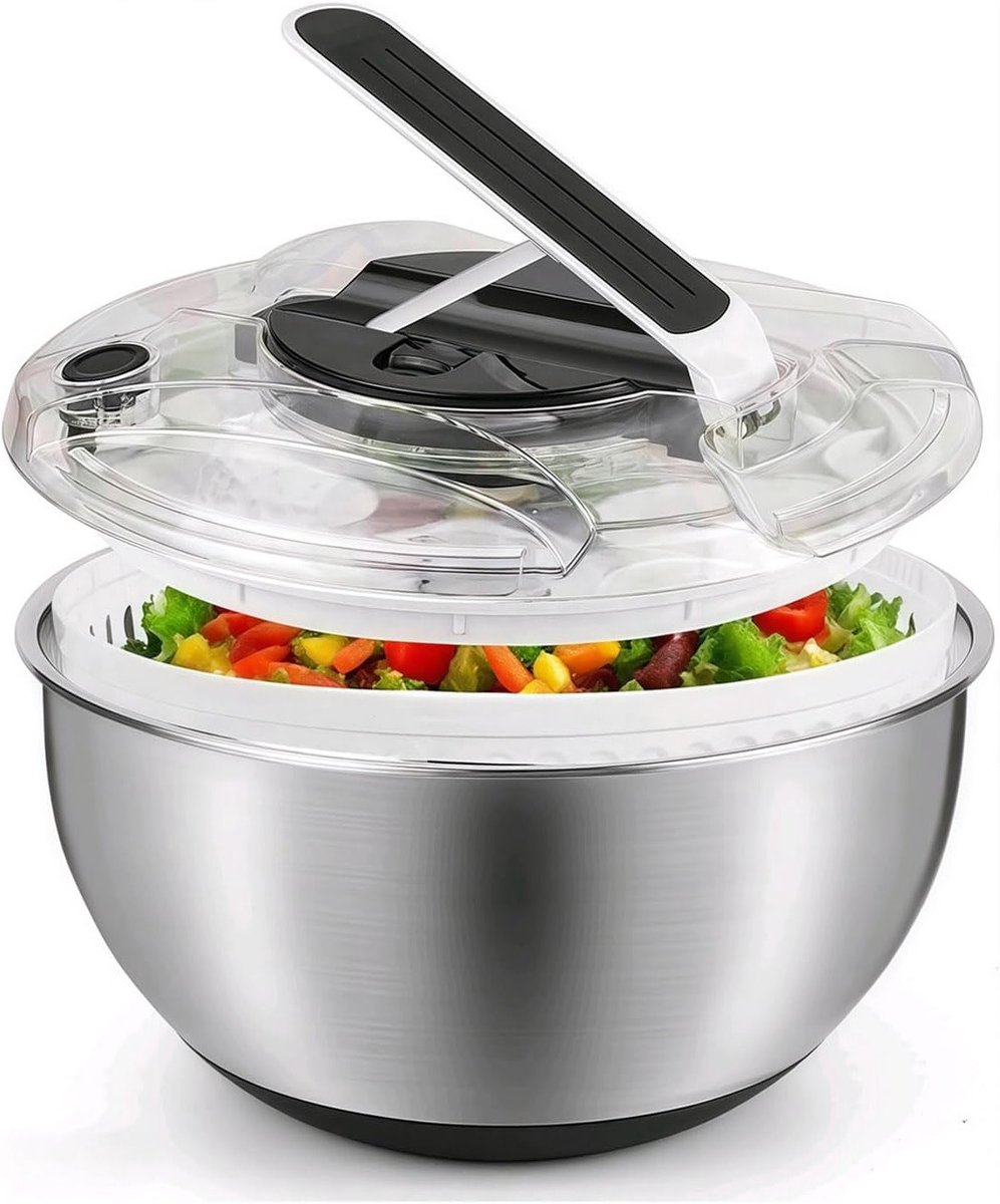 Grote RVS Salade Spinner van 4.5 L voor Efficiënt Droogmaken van Groenten en Fruit