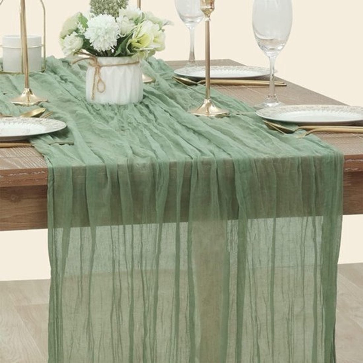 Groene tafelloper en chiffonlint voor vintage tafeldecoratie (90 x 400 cm)