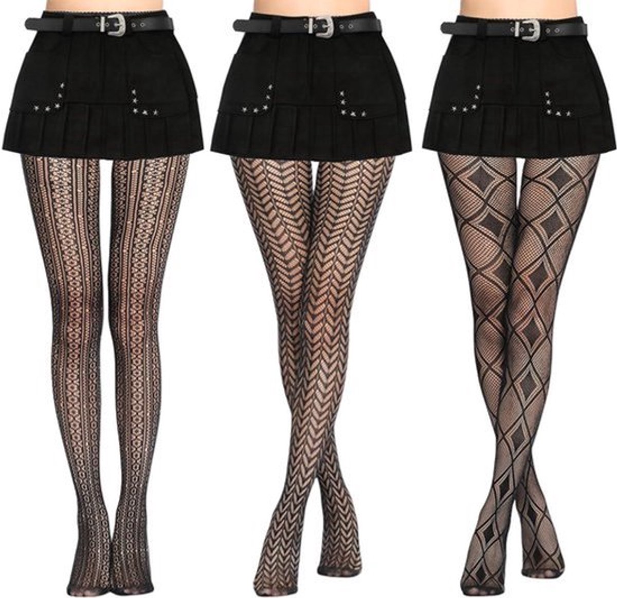 Dames zwarte mesh panty set van 3 met patroon elastiek