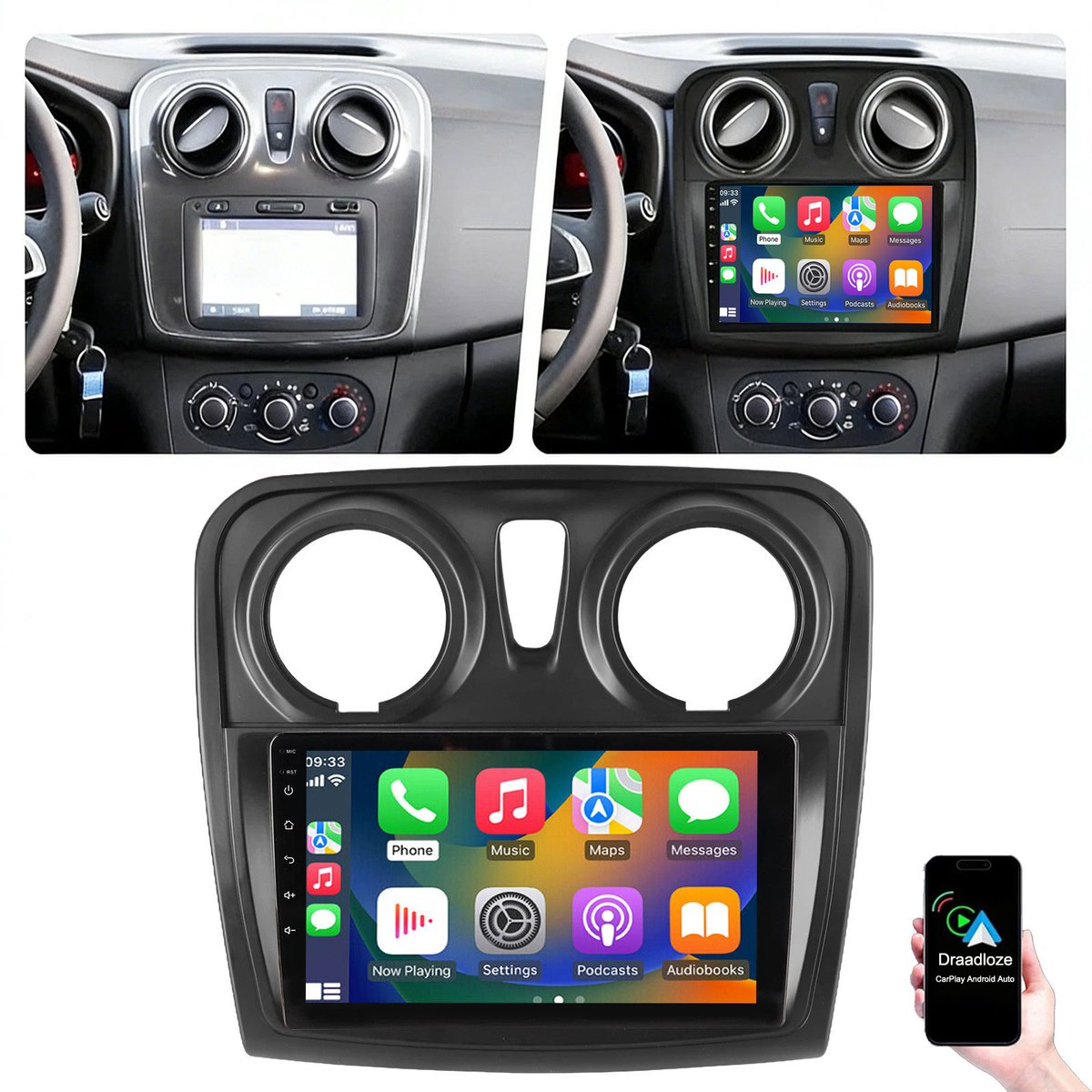 ESSGOO Autoradio geschikt voor Renault Dacia Logan 2 Sandero 2012-2017 - Apple Carplay en Android Auto - Navigatiesysteem - WIFI RDS FM Bluetooth - Andriod 15 - 4+64G
