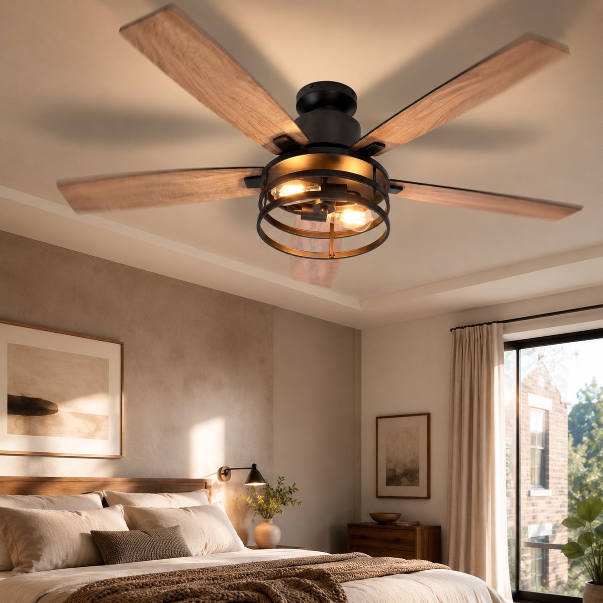 Rosnek Plafondventilator met Verlichting Ø132cm- Smart Lamp met Afstandsbediening - Plafonniere Keuken Lamp met 6 Ventilatiesnelheden - Plafond Ventilator Lamp met Timer, Landelijke Stijl voor Slaapkamer, Woonkamer & Terras thumbnail 7