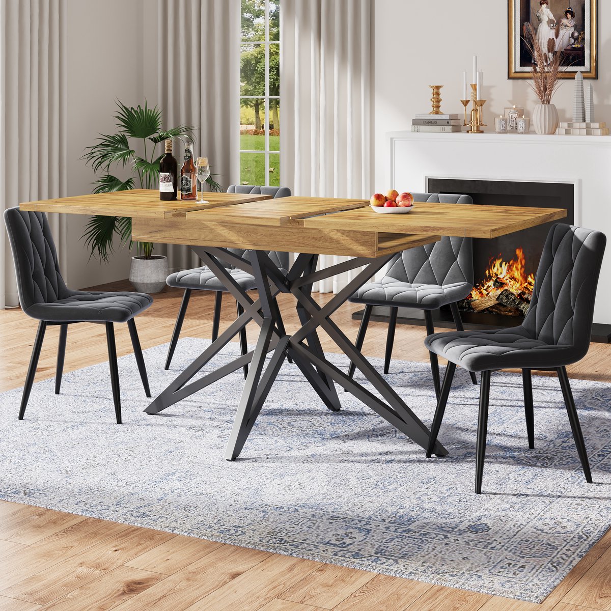 Uitschuifbare Eettafel 120 (160) x 80 cm, Telescopische Eettafel, Uitschuifbare Keukentafel, Ontbijttafel, Stervormige Tafelpoten, Zwarte Ijzeren Poten-Walnut