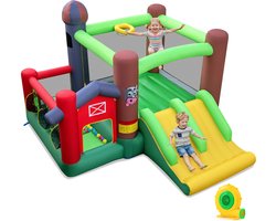 COSTWAY Springkasteel met blazer, dubbele glijbaan, opblaasbaar 6-in-1 boerderijstijl springkasteel met ballenbad, basketbalmand, werpspel, voor kinderen, 356 x 330 x 220 cm