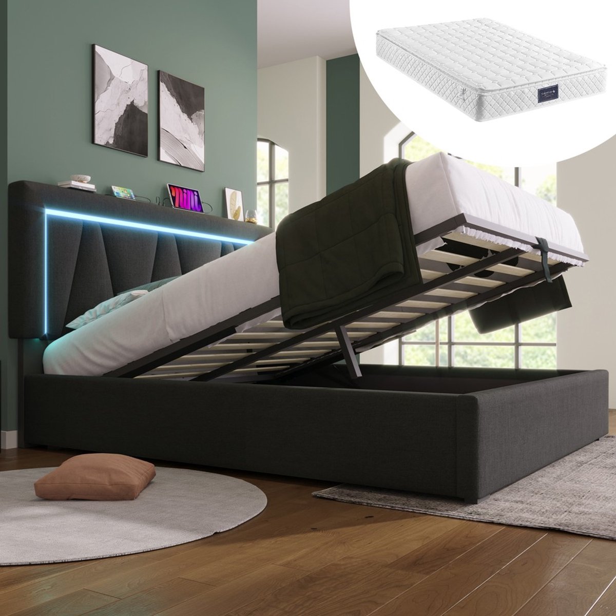 KOMHTOM Gestoffeerd bed - LED-tweepersoonsbed - USB Type-C-oplaadfunctie - LED-verlichting - opbergbedden - linnen bedframe - jeugdbed - 160x200 cm - met lattenbodem - inclusief matras Grijs