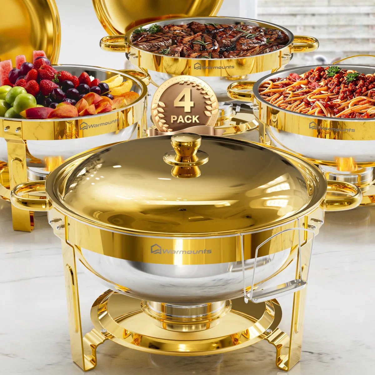 WARMOUNTS 4-delige Ronde Chafing Dish 4,7L – Goudkleurige Roestvrijstalen Buffetwarmer met Deksel en Houder, Spiegelpolijst – Ideaal voor Feest, Evenement of Bruiloft