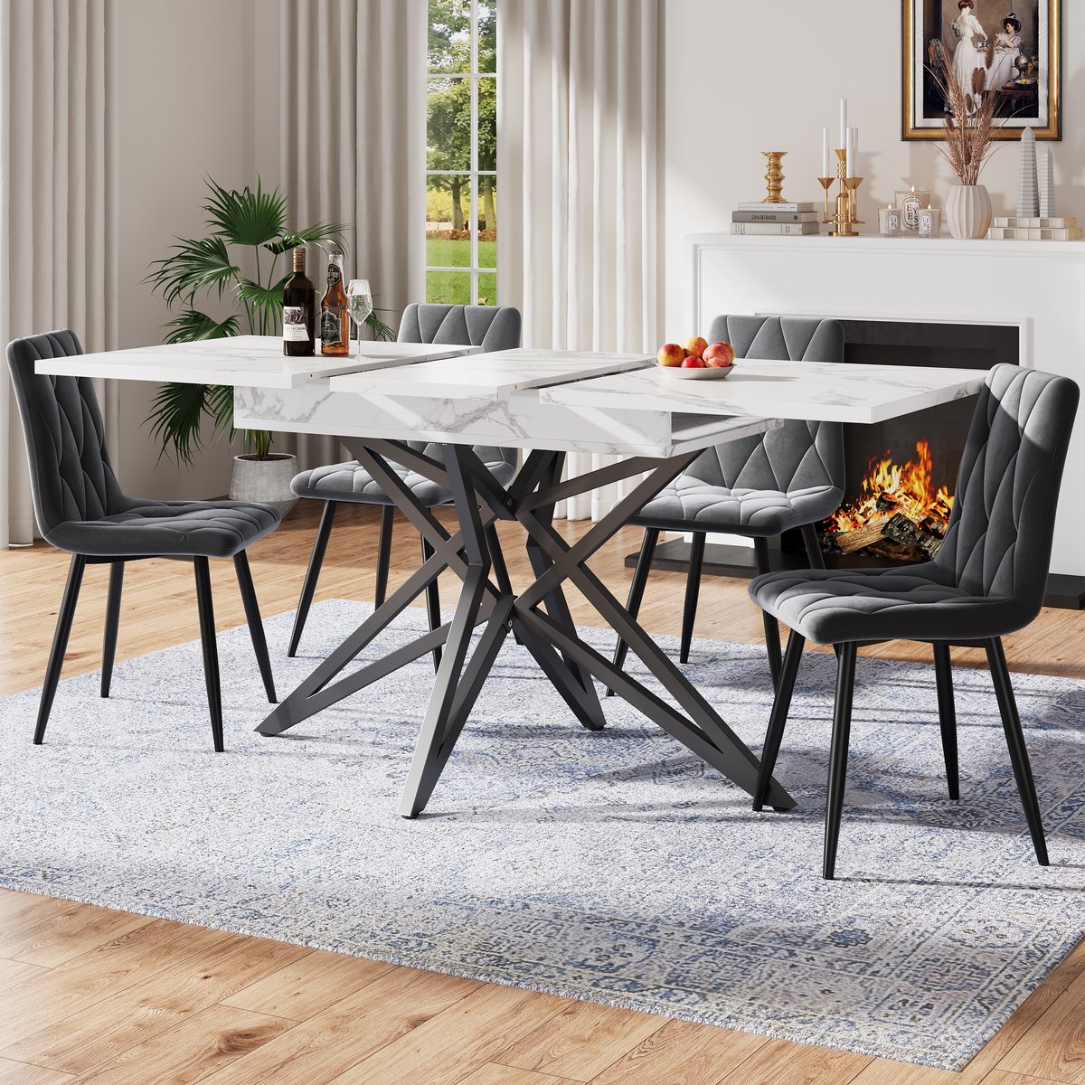 Uitschuifbare Eettafel 120 (160) x 80 cm, Telescopische Eettafel, Uitschuifbare Keukentafel, Ontbijttafel, Stervormige Tafelpoten, Zwarte Ijzeren Poten-White