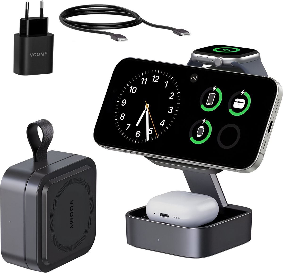 Voomy 3-in-1 Draadloze Oplader (15W Snellader) - Inklapbaar Oplaadstation - Geschikt voor MagSafe, Apple Watch, Draadloze Oortjes - Wireless Charger - Inclusief Adapter - Zwart
