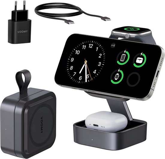 Voomy 3-in-1 Draadloze Oplader (15W Snellader) - Inklapbaar Oplaadstation - Geschikt voor MagSafe, Apple Watch, Draadloze Oortjes - Wireless Charger - Inclusief Adapter - Zwart