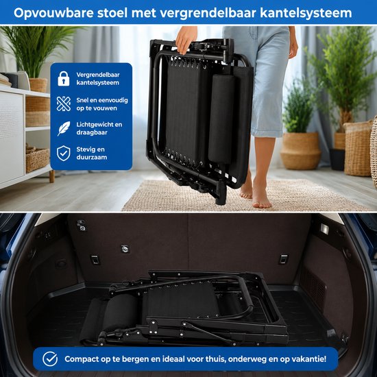 Rolu Tuinstoelen - Ligstoel Tuin - Verstelbare Tuinstoel - 160 × 69 × 80 CM - 8 CM Dik Kussen - 160 KG Draagvermogen - Ademend - Zwart van Rolu — afbeelding 5