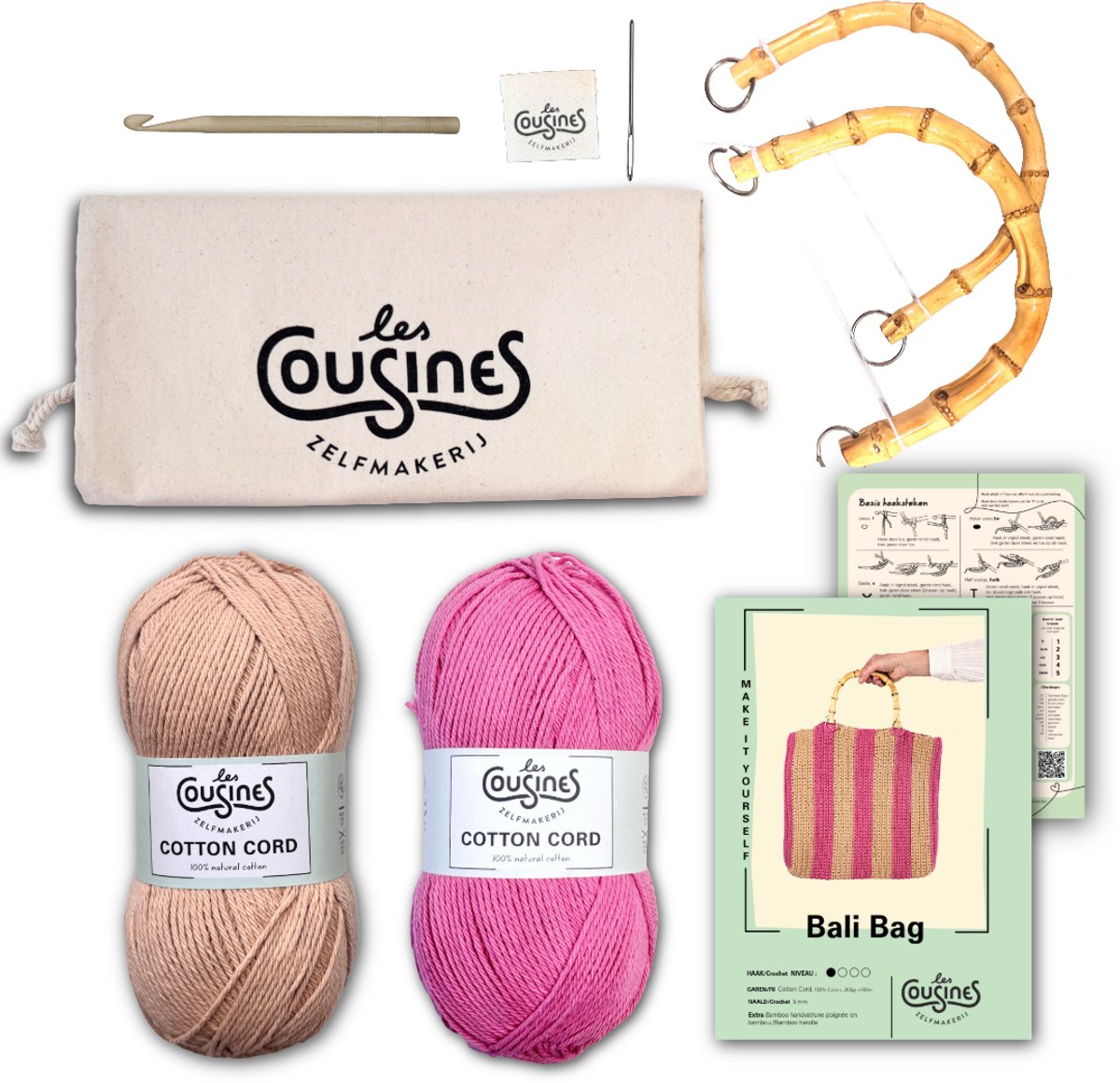 Les Cousines Bali Bag - DIY Haakpakket Strandtas - Zomerse Boho Look - Inclusief haaknaald en bamboo handvaten - Latté+Pink