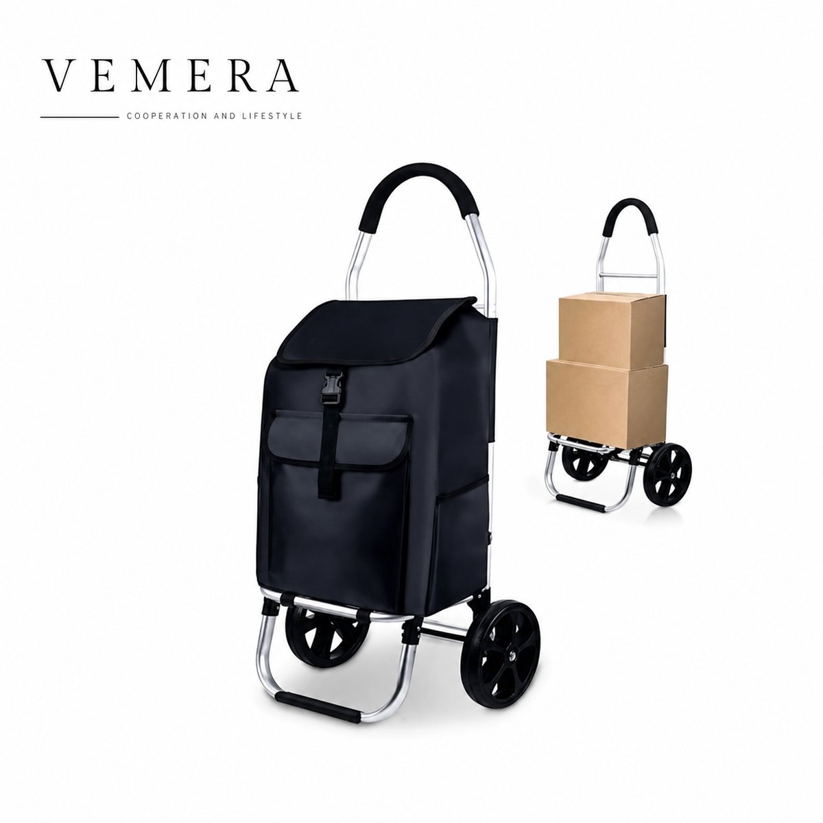 Vemera trolley - boodschappentrolley - trolley op wieltjes - trolley boodschappenwagen - 2-wiel aluminium boodschappenkar - waterdicht vak - 2-in-1 opvouwbare boodschappenkar - zwart