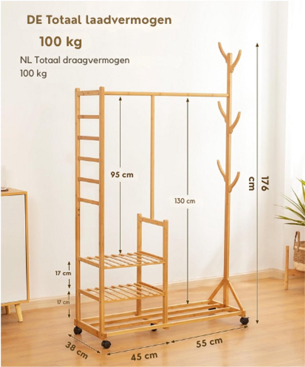 Bamboe Kledingrek Met Zijhaak Kapstok Houten Design Met Haken Opbergplanken Met Wielen Vrijstaand Garderoberek Met Kledingstang Schoenenrek Bamboe – foto 2