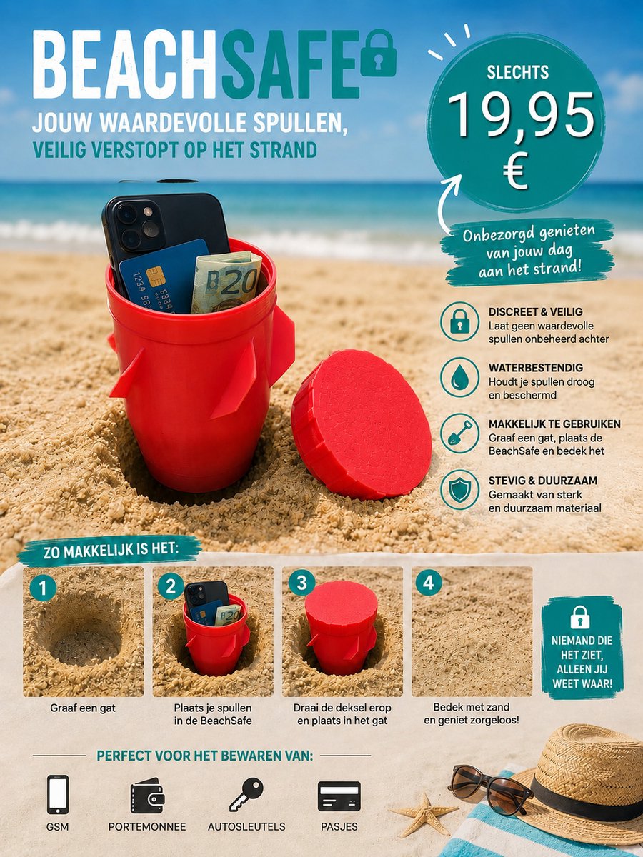 Beachsafe kleur rood - strand - opbergbox